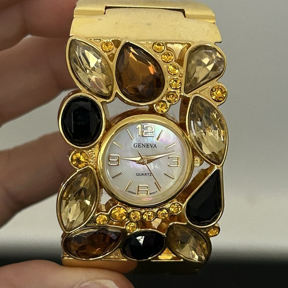 Geneva Gold Tone Crystal Cuff Bracelet Watch Women Quartz Japan Movt - Picture 9 of 10